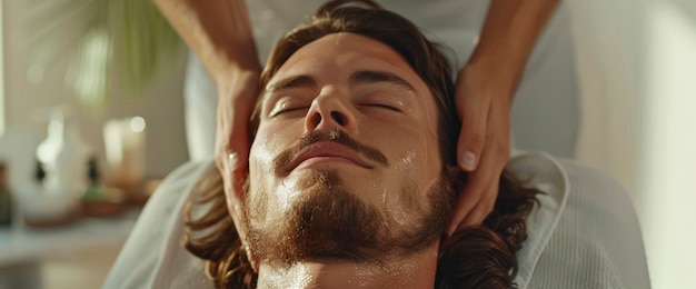 Photo a caucasian man enjoying a relaxing antistress head massage feeling calm and relieved