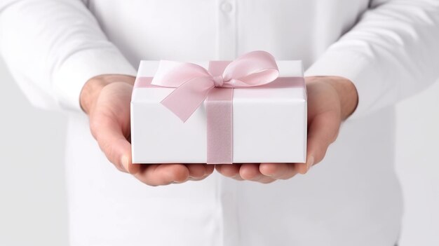 Caucasian man hand holding a white gift box with ribbon Generative AI