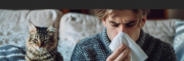 A Caucasian man is using a cloth to wipe away mucus from a sneeze due to an allergy to cat fur in the house