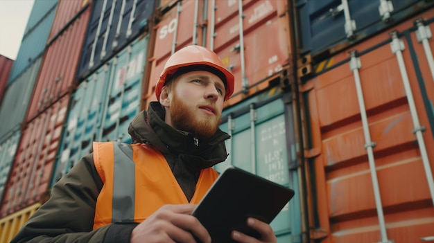 Photo a caucasian man is using a tablet to check goods on a container ship sailing at sea