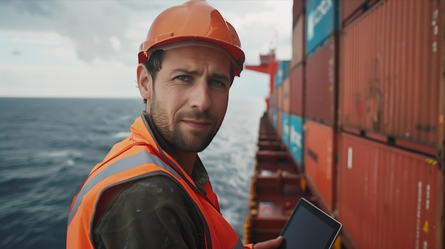 A Caucasian man is using a tablet to check goods on a container ship sailing at sea