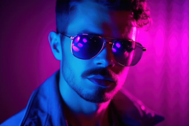 caucasian man s portrait on purple blue studio background in multicolored neon light beautiful male