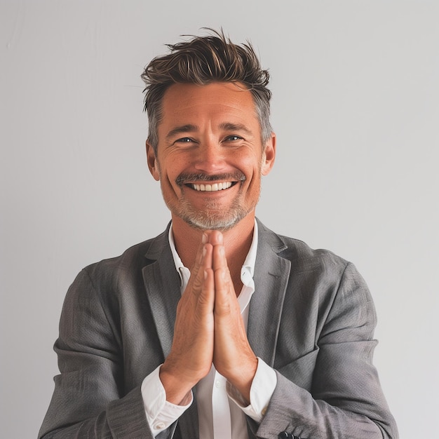 caucasian man smiling showing thank you namaste gesture grateful standing over white background