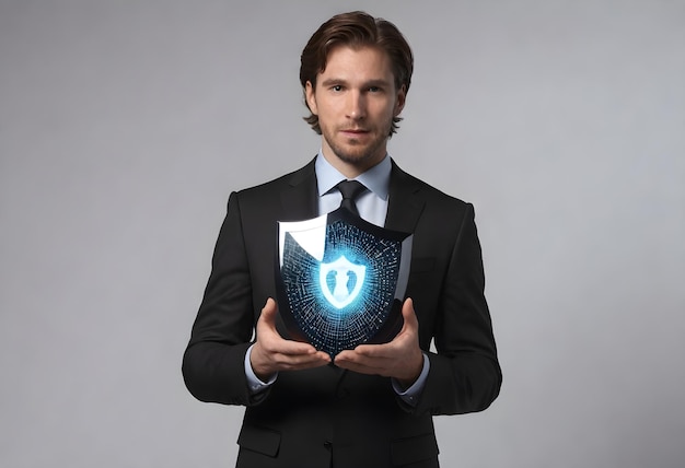 Caucasian man in a suit holding out his hand with a holographic shield with a keyhole displayed