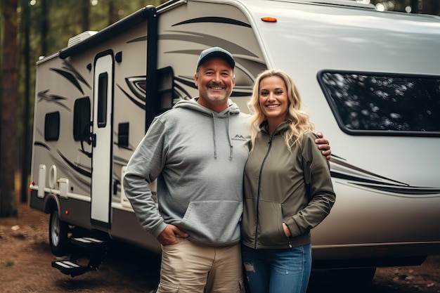 Caucasian middleaged couple smiling looking at camera on the background of their trailer