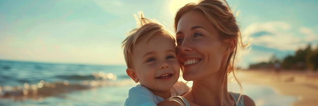 Caucasian mother and son hugging each other by the sea