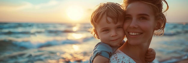 Caucasian mother and son hugging each other by the sea