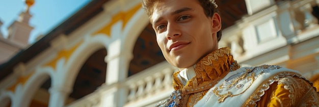 Photo caucasian prince in formal clothes looking at camera outside european themed castle