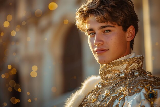 Photo caucasian prince in formal clothes looking at camera outside european themed castle