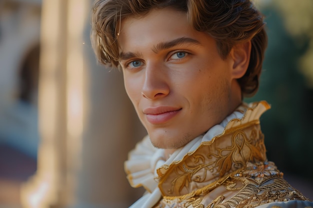 Photo caucasian prince in formal clothes looking at camera outside european themed castle