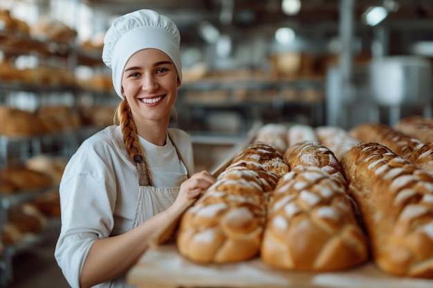 Caucasian smiling Female baker with pallet of bread on industrial bakery