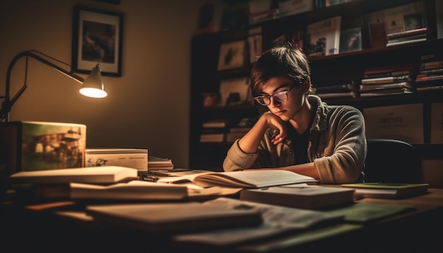 Caucasian student reading textbook in illuminated library generated by AI