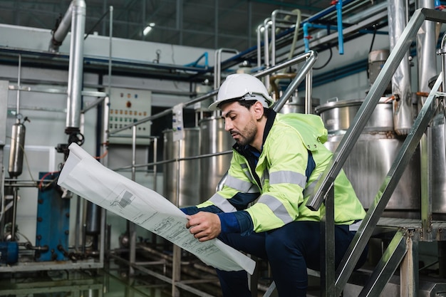 Caucasian technician engineer man in uniform sitting and holding blueprint of industrial project with boiler and pipeline in beverage processing plant