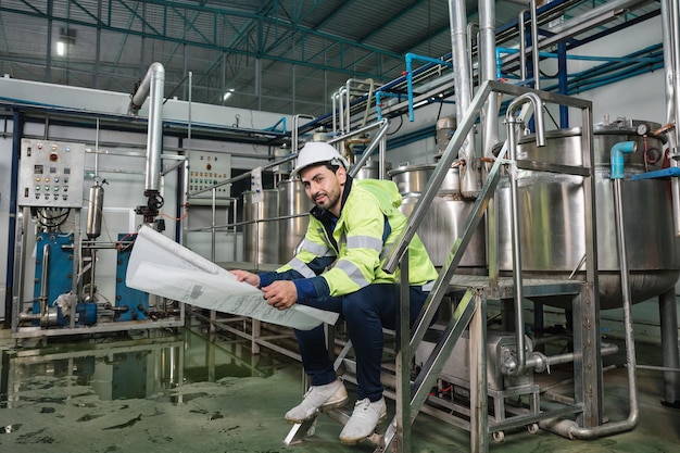 Caucasian technician engineer man in uniform sitting and holding blueprint of industrial project with boiler and pipeline in beverage processing plant