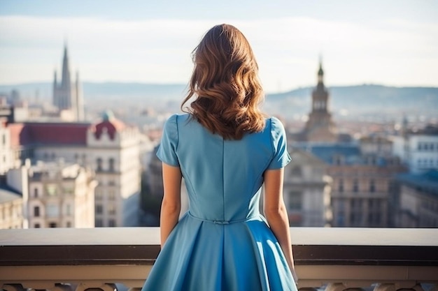 Caucasian woman in blue dress with view of barcelona on the background