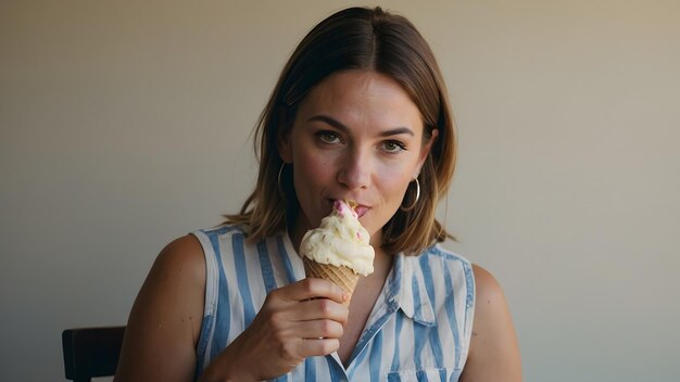 Photo caucasian woman eating ice cream