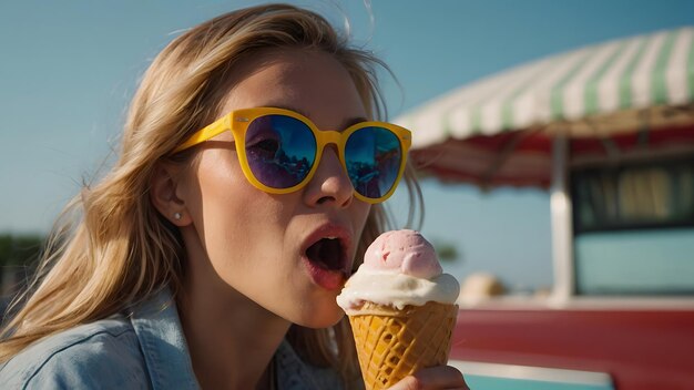 Photo caucasian woman eating ice cream