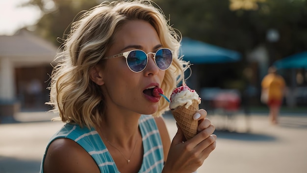 Photo caucasian woman eating ice cream