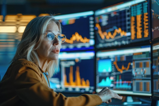 Caucasian Woman Glasses Analyzing Financial Data Multiple Screens Business Analytics Concept