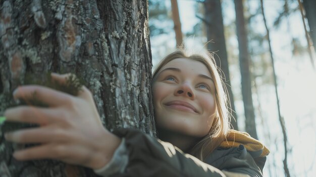 Photo caucasian woman hugging the trunk of a big tree in the forest