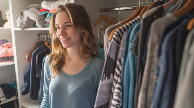 a Caucasian woman organizing her closet with seasonal clothes in the morning