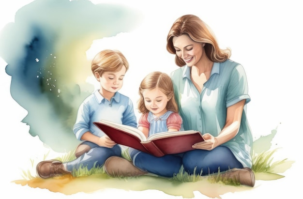 caucasian woman reading interesting book to children storytelling parenting family education