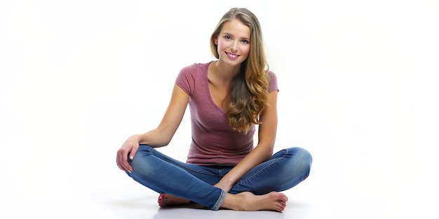 Caucasian Woman Sitting on Floor Isolated Cutout for Adobe Stock