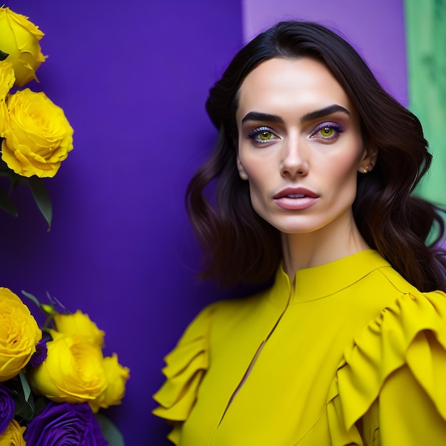 A caucasian woman standing in front of a purple wall wearing an elegant yellow dress