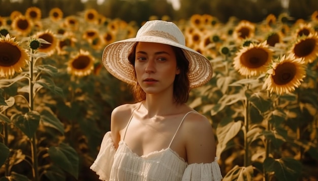 Caucasian woman in sunflower meadow smiling happily generated by AI