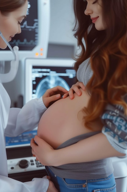 Caucasian woman undergoes pregnancy ultrasound at hospital