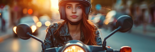 Caucasian woman wearing a helmet riding a motorcycle at sunset in the city