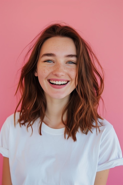 Caucasian woman wearing tshirt on pink background