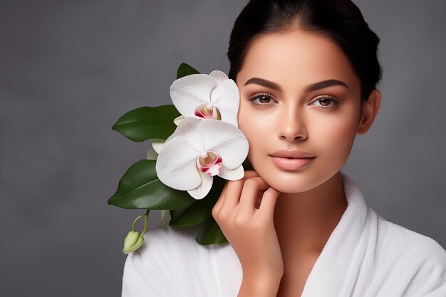 Caucasian woman in white bathrobe holding orchids on grey background Meditation yoga spa health