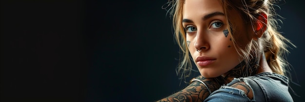 Photo caucasian woman with tattoo on black background