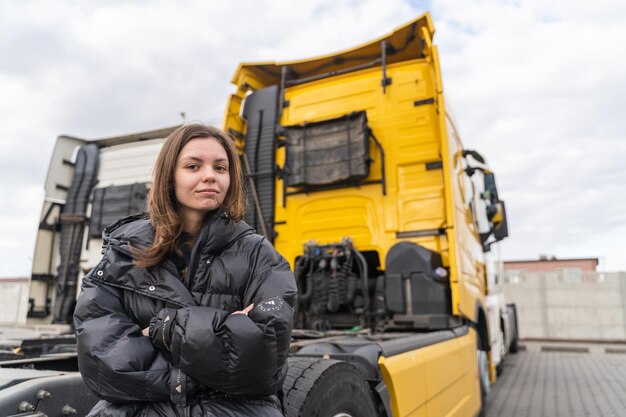 Photo caucasian young woman driving truck trucker female worker transport industry occupation