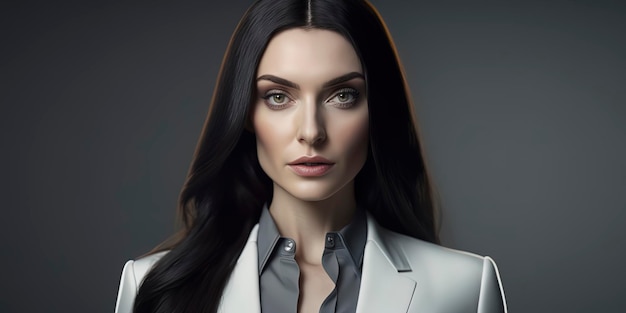 Caucasian young woman with crystal clear beautiful eyes dressed with a white business suit