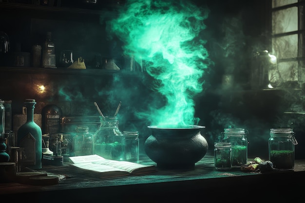 Photo cauldron emitting glowing smoke surrounded by potion ingredients jars and an open spellbook