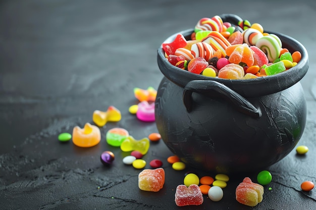 cauldron filled with an assortment of Halloween candies halloween frame border