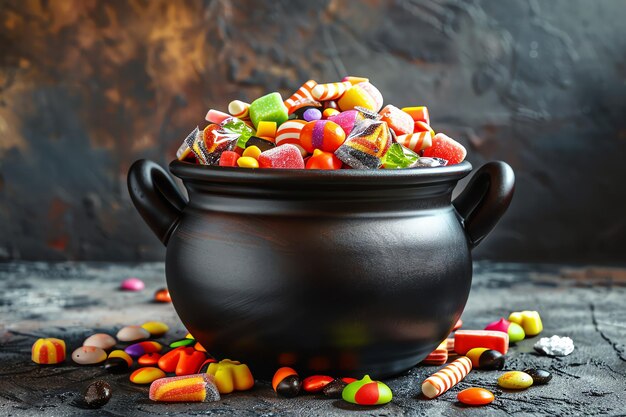 cauldron filled with an assortment of Halloween candies halloween frame border