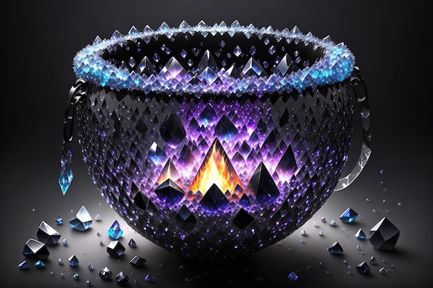 Cauldron made from crystals deep black down lighting