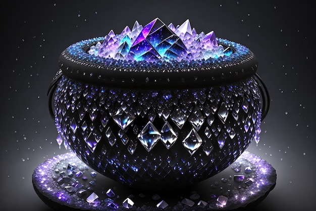 Cauldron made from crystals deep black down lighting