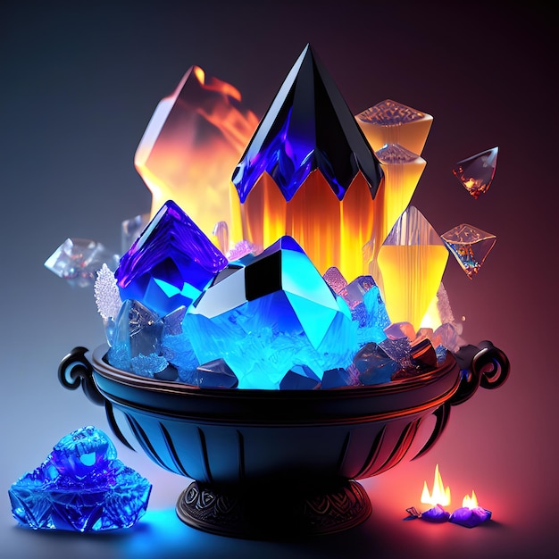 Cauldron made from crystals deep blue down lighting