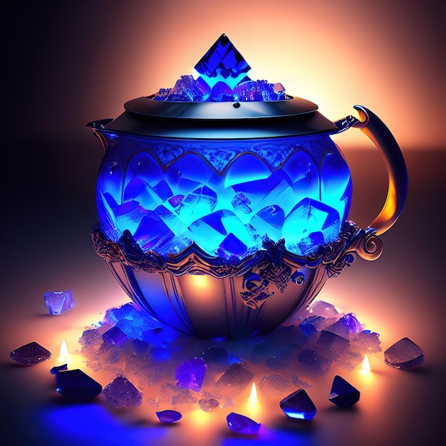 Cauldron made from crystals deep blue down lighting