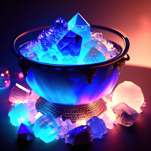 Cauldron made from crystals deep blue down lighting