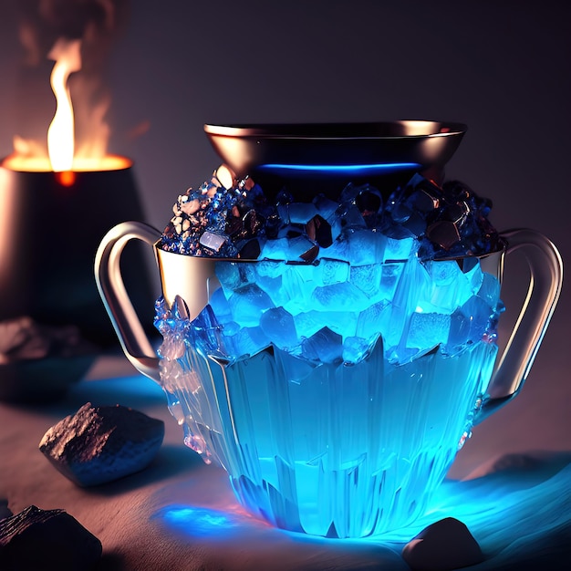 Cauldron made from crystals deep blue down lighting