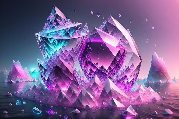 Cauldron made from crystals, deep pink down large iceberg floating in the sea