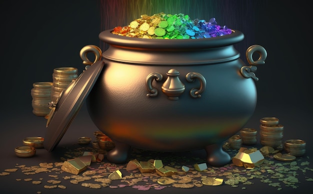 A cauldron with gold coins and a rainbow ai generated