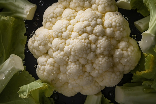 A cauliflower is in a pan with green vegetables.