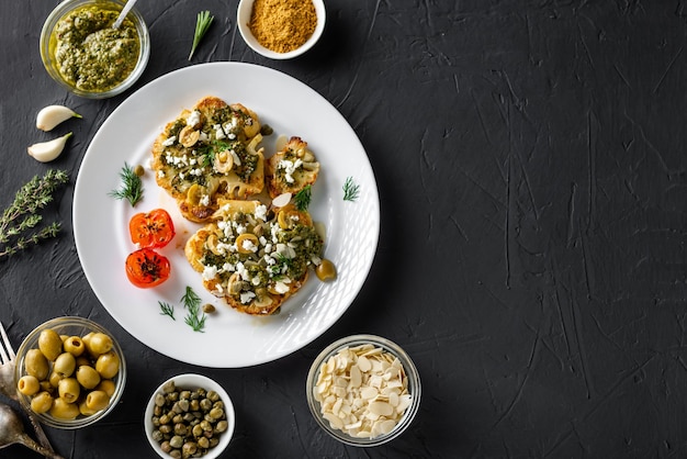 Cauliflower steak with spices chimichurri sauce almond flakes olives fried cherry tomatoes and capers on a white plate Vegetarian food