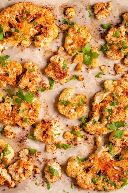 Cauliflower steak with spices cooked in the oven top view